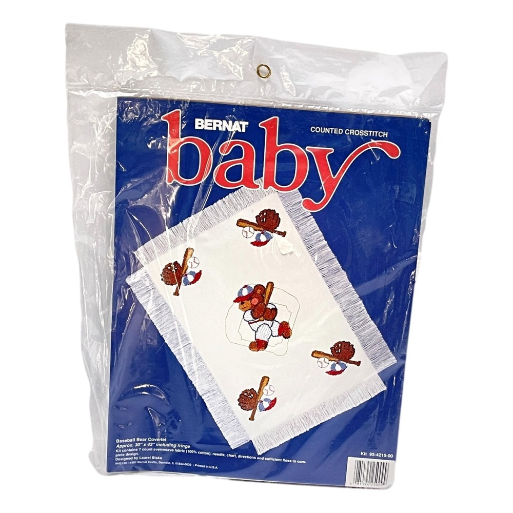 Bernat Counted‎ Crosstitch Kit Baby Baseball Bear Blanket Coverlet  30 x 42 New